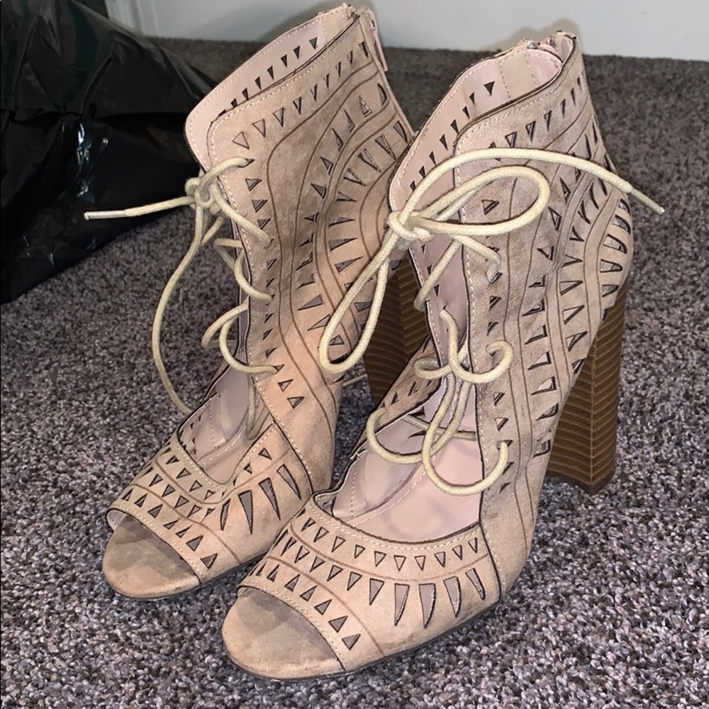 Tan tie up chunky heels